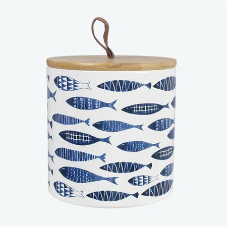 YOUNGS Ceramic Nautical Fish Canister with Silicone Seal Wood Lid 61581